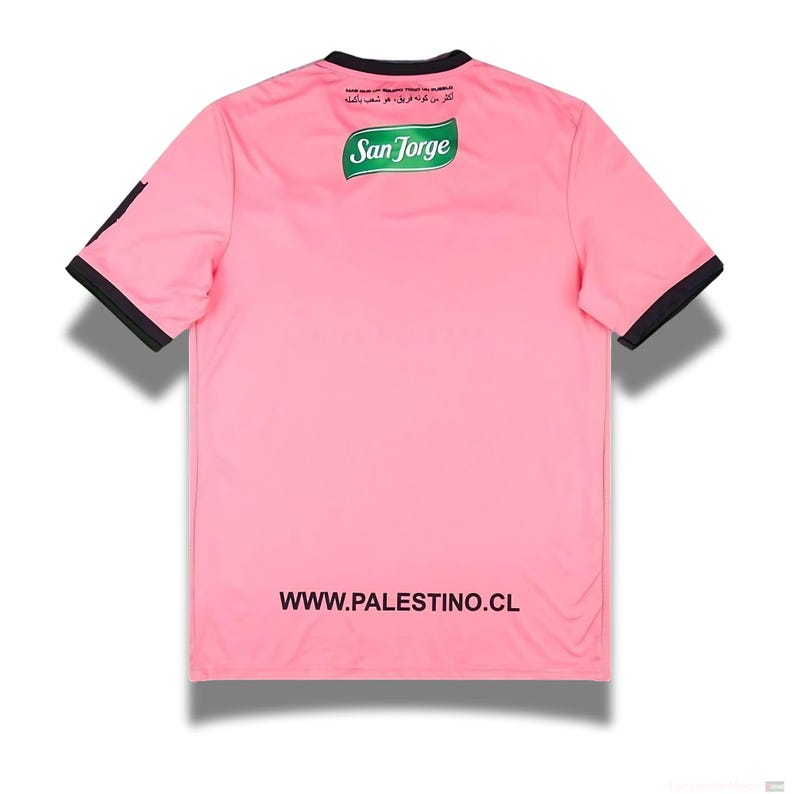 May include: Pink soccer jersey with black trim and a green logo that says "San Jorge". The back of the jersey has the text "WWW.PALESTINO.CL" printed in black.