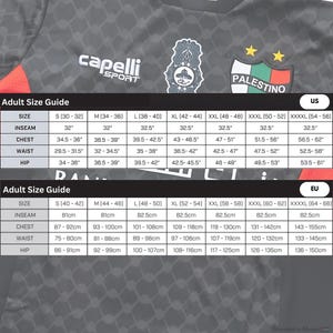 Puede incluir: Una camiseta de f&uacute;tbol negra y verde con la palabra "PALESTINO" en letras blancas en la parte delantera. La camiseta tiene una tabla de tallas con medidas en pulgadas y cent&iacute;metros.