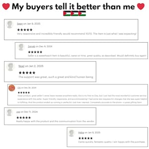 Puede incluir: Una captura de pantalla de un sitio web con rese&ntilde;as de clientes. Las rese&ntilde;as son todas positivas y elogian al vendedor por su capacidad de respuesta, amabilidad y calidad del producto. Las rese&ntilde;as son de clientes llamados Sean, Zainab, Noel, Chi, Joe y Heba.