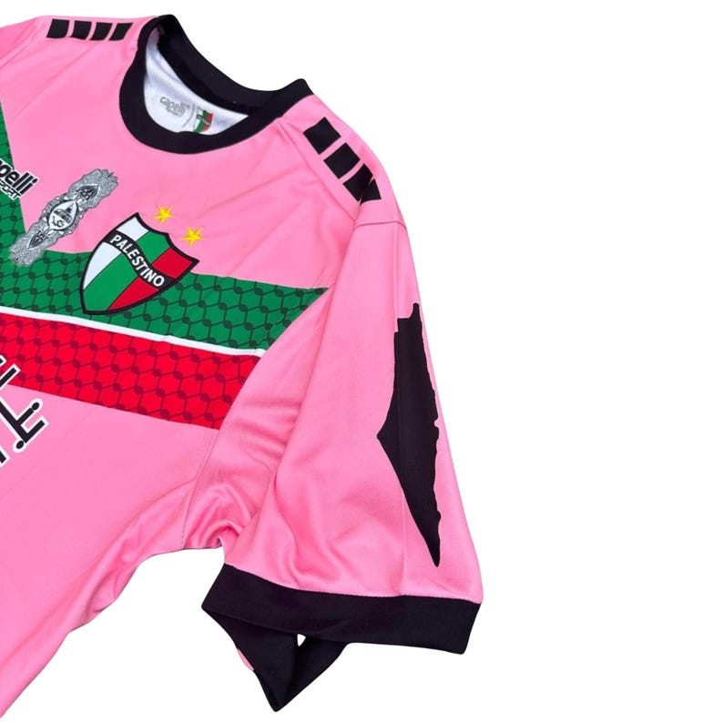 May include: Pink soccer jersey with black and green stripes, a team logo with the word "PALESTINO" and a map of Palestine on the sleeve.