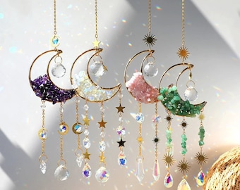 Spirituele Crystal Suncatcher Quartz Crescent Moon Sun Catcher Boho Decor voor Windows Amethist Helende eigenschappen Energie Gebrandschilderd glas