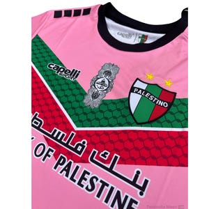 May include: Pink soccer jersey with green and red accents. The jersey features the team's logo, "Palestine", and the text "فلسطين" in Arabic. The brand name "capelli sport" is also visible on the jersey.