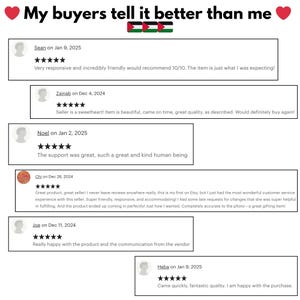 May include: Screenshot of five customer reviews for an Etsy shop. The reviews are all positive and praise the seller for their responsiveness, friendliness, and product quality. The reviews are from customers named Sean, Zainab, Noel, Chi, Joe, and Heba.