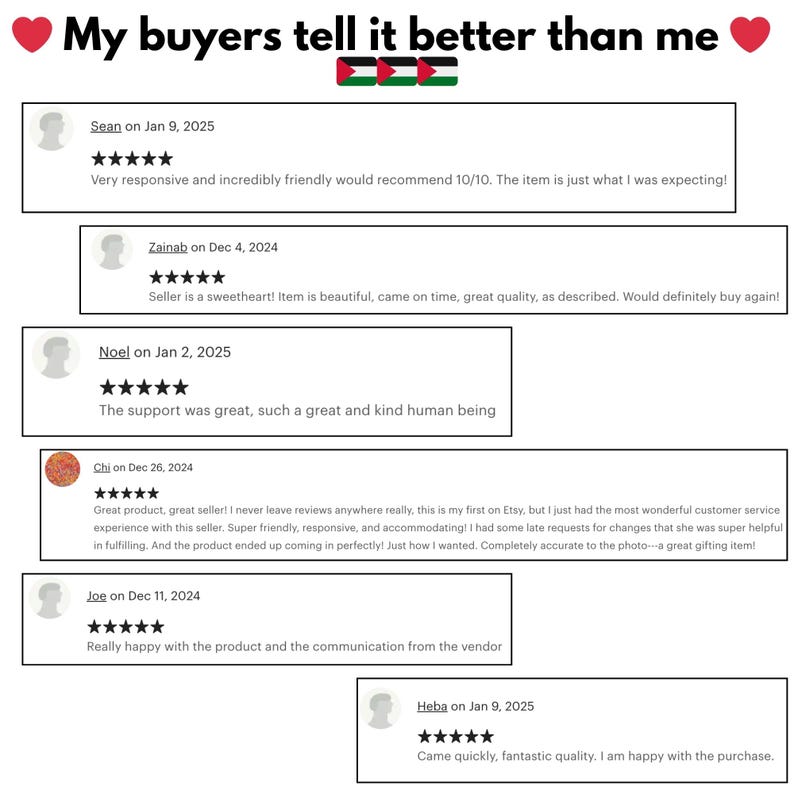 May include: Screenshot of five customer reviews for an Etsy shop. The reviews are all positive and praise the seller for their responsiveness, friendliness, and product quality. The reviews are from customers named Sean, Zainab, Noel, Chi, Joe, and Heba.