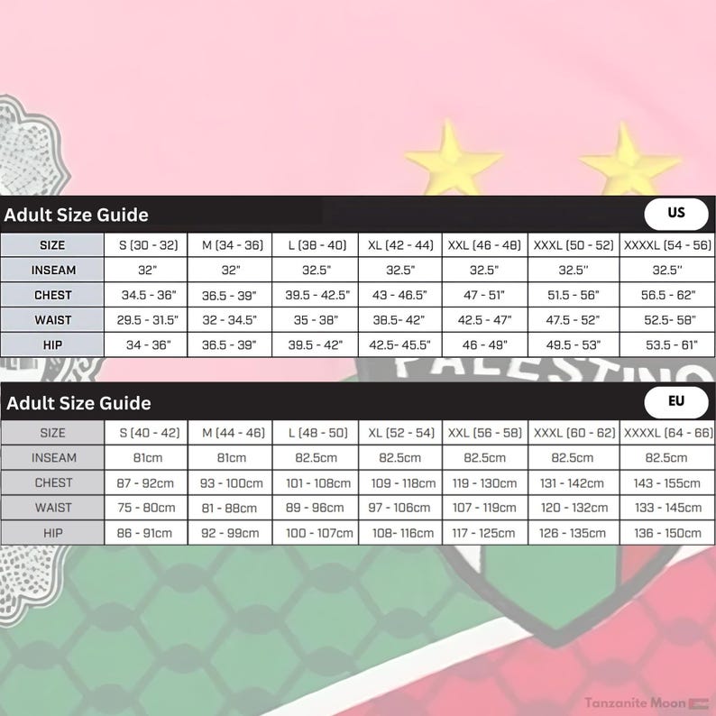 May include: Size chart for clothing with measurements in inches and centimeters. The chart includes sizes for men's clothing from small to XXXXL. The chart is on a pink background with a yellow star in the top right corner.