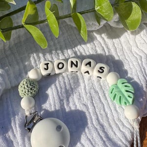 Pacifier chain with name, silicone pacifier chain with silicone letters, Monstera