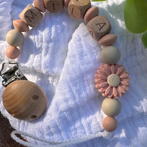 Pacifier chain with name, silicone pacifier chain with wooden letters, flower, apricot-beige