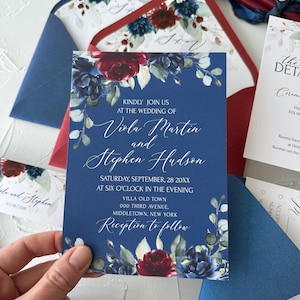 Wedding Invitation Suite Navy Blue Burgundy Flowers Handmade Envelope with Liner Vellum Jacket