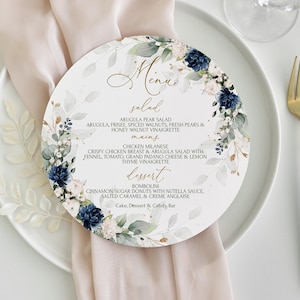 Bruiloft ronde menukaart marineblauwe en crème bloemen bloemen cirkel menukaarten bruiloft tafeldecoratie