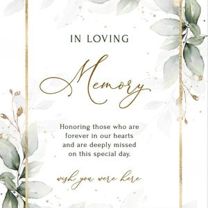 In Loving Memory Trouwbord bedrukt saliegroen herdenkingsbord voor bruiloft