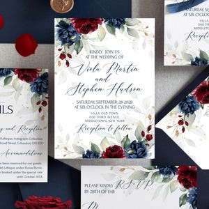 Wedding Invitation Suite Burgundy Navy Blue Flowers Handmade Envelope with Liner Vellum Jacket Wax Seal