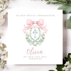Carte de voeux de première sainte communion avec écusson carte rose tendresse faite par un artiste unique avec deux fleurs adorables faites à la main