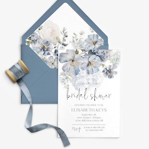 Dusty Blue Bridal Shower Invitations with Handmade Envelope, Blooming Bridal Shower Invites, Blue Wedding Shower Cards Floral Design