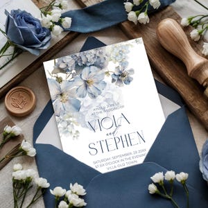 Royal Blue Wedding Invitation Set Navy Blue Cream Flowers Handmade Envelope with Floral Custom Liner Details Rsvp Wax Seal