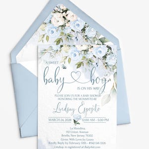Set di inviti per baby shower con fiori azzurri, libretti per la lotteria dei pannolini per neonati e biglietti di ringraziamento, busta fatta a mano con fodera