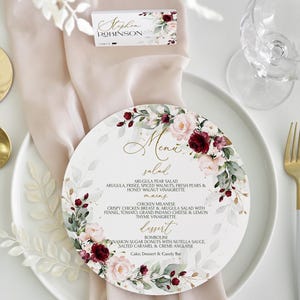 Bruiloft cirkel menu bedrukt bordeaux en blush roze bloemen bloemen ronde menukaarten bruiloft tafeldecoratie