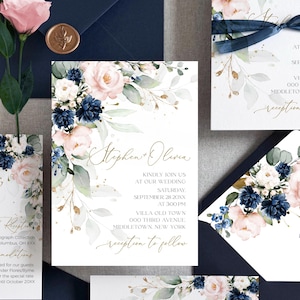 Navy Blue Wedding Invitation Suite Royal Blue Envelope with liners Blush Pink Gold Frame invites Details Rsvp Printed