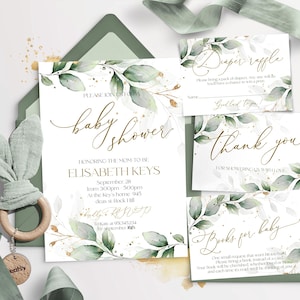 Inviti per baby shower, lotteria di pannolini verde salvia, libri di eucalipto dorato per neonati e biglietto di ringraziamento, busta fatta a mano con fodera