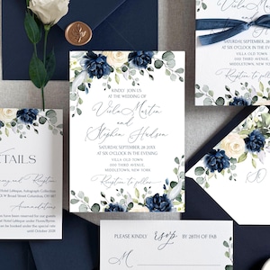 Wedding Invitation Set Navy Blue Ivory Flowers Handmade Envelope with Floral Custom Liner Cream Rose