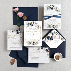 Wedding Invitation Suite Navy Blue Flowers Gold Frame Vellum Jacket Royal Blue Handmade Envelope