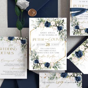 Wedding Invitation Set Navy Blue Gold Frame Handmade Envelope with Floral Custom Liner