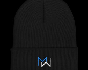 May include: Black knit beanie with a white and blue embroidered logo of the letters "MW" on the front.