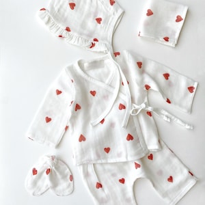 Organic cotton coming home outfit, red hearts kimono top, pants, hat, gloves set, newborn wrap muslin clothing