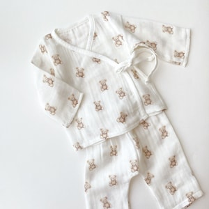 Organic cotton coming home outfit, Teddy bear kimono top, pants, hat, gloves set, newborn wrap muslin clothing