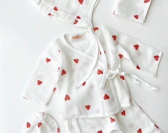 Organic cotton coming home outfit, Red hearts kimono top, pants, hat, gloves set, newborn wrap muslin clothing