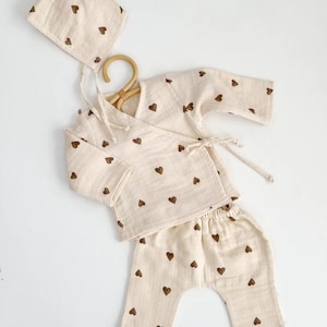 Organic cotton 4 layers coming home outfit, brown hearts kimono top, pants, hat, gloves set, newborn wrap muslin clothing