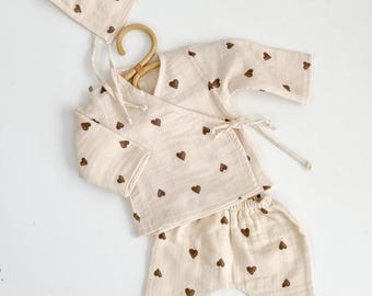 Organic cotton 4 layers coming home outfit, brown hearts kimono top, pants, hat, gloves set, newborn wrap muslin clothing