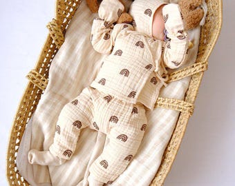 Organic 4 Layers muslin cotton coming home outfit, Neutral Rainbow kimono top, pants, hat, gloves set, newborn wrap muslin clothing