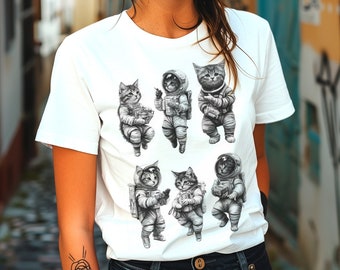 Unisex Astronaut Cats Organic T-Shirt - Funny Space Cat Design, Perfect Gift for Cat Lovers Fans, cat Lovers shirt, Gift for Sci-Fi Fans