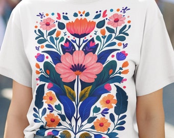 Vibrant Floral Organic Cotton T-Shirt, Unisex organic cotton t-shirt, Vegan-Friendly, Colorful Nature-Inspired Print, Plant lover gift,