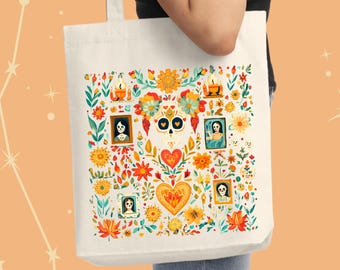 Tote bag Día de los Muertos, Traditional Mexican Altar Design for Day of the Dead Celebration, Dia de Muertos tote, Halloween, Katrina skull