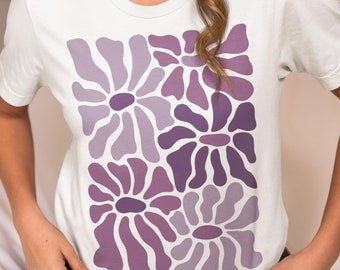Boho Flower T-Shirt in Soft Purple Tones, Abstract Flowe t-shirt, everyday t-shirt, comfy tee, – Organic Cotton, Vegan, Eco-Friendly Tee