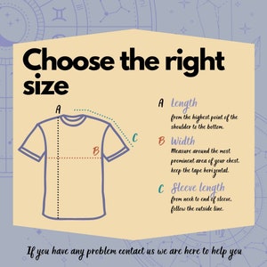 May include: Diagram showing how to measure length, width, and sleeve length of a t-shirt. The diagram shows a t-shirt with lines indicating where to measure. The text says "Choose the right size".