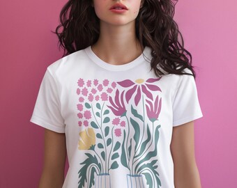 Organic Cotton Boho Chic Floral T-Shirt | Hippie Aesthetic Tee | Relaxed Bohemian Style Shirt, Minimalist flowers shirt, psicodelic flowers