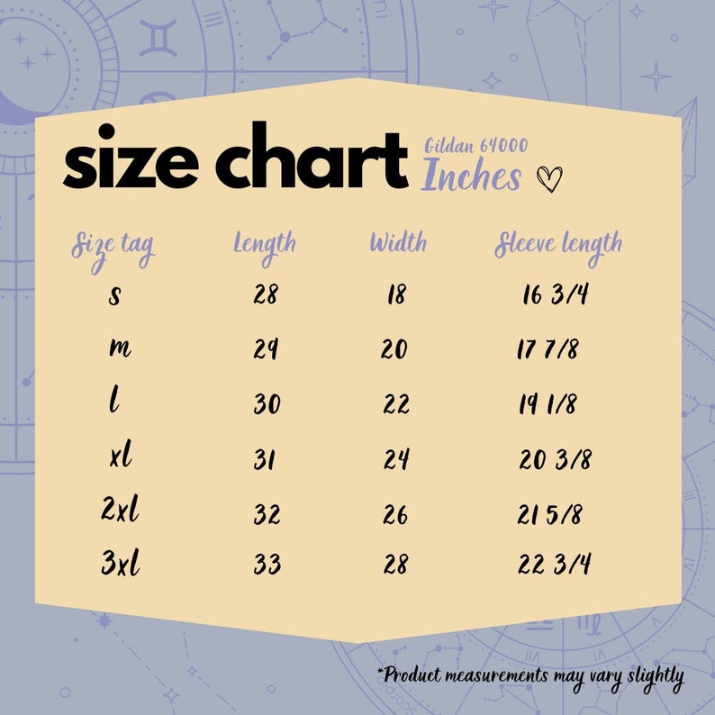 May include: Size chart for Gildan 64000 t-shirts in inches. The chart shows the size tag, length, width, and sleeve length for sizes S, M, L, XL, 2XL, and 3XL.
