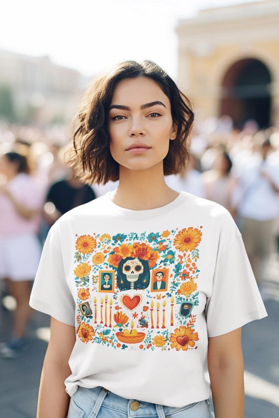 Unisex Organic Día de los Muertos T-Shirt, Traditional Mexican Altar Design for Day of the Dead Celebration, Dia de Muertos shirt, Halloween
