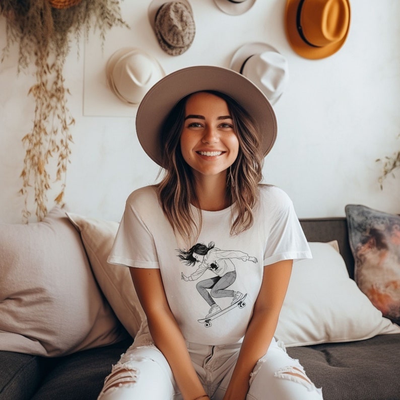 May include: A woman wearing a white t-shirt with a black and white illustration of a person skateboarding. The t-shirt has a crew neck and short sleeves. The woman is smiling and wearing a wide-brimmed hat.