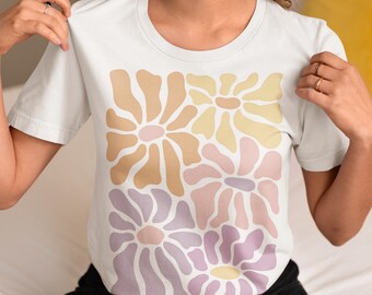 Boho Floral Organic Cotton T-Shirt | Retro Psychedelic Flower Design | Retro vintage flowers tshirt, Art Deco Art Noveuau T-Shirt, vegan tee