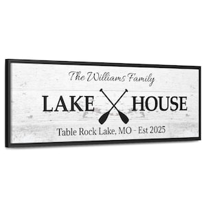 Any Lake House Sign For Lake House Decor - Family Name Custom Lake House Decor Personalize Text 4 Backgrounds - Framed Canvas Lake Wall Art.