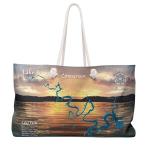 Bolsa de playa con motivos del lago Travis, Texas, bolsa para navegar, bolsa personalizada con mapa del lago, regalo para ella, bolsa para pasar la noche, bolsa de playa, decoración del lago, bolsa de viaje