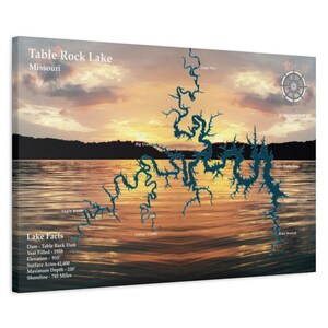 Table Rock Lake Map Decor Lake Map Art su tela da parete per la decorazione della casa sul lago - Stampa su tela personalizzata di alta qualità su cornice spessa da 1,25 pollici