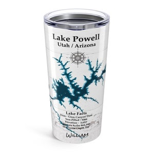Vaso personalizado de 20 oz del lago Powell como regalo, vaso personalizado con decoración de casa del lago Powell, vaso con mapa: elige tu fondo y texto