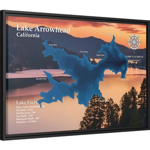Mapa de fatos do Lake Arrowhead CA, impressões de arte de parede em tela personalizadas da casa do lago, decoração da casa do lago, decoração personalizada para casa, presente para amigos, mapa pendurado.