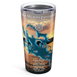 Vaso personalizado de 20 oz del lago Winnipesaukee, regalo del lago, decoración de la casa del lago, vaso personalizado con mapa del lago, elija su fondo y texto.