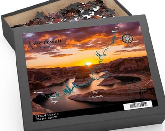 Lake Powell Puzzle | Arizona Utah See Karte Puzzle | Personalisiertes Reise-Puzzle Geschenk | Haus am See Familienaktivität | Lake Daten Karte.