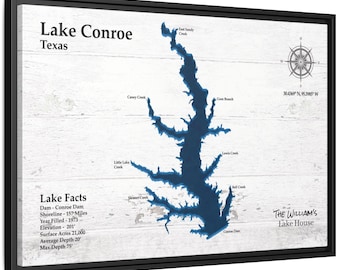 Lake Conroe TX Map Canvas - Personalized Lake House Wall Art, Custom Framed Texas Lake Print, Unique Gift for Boaters - Housewarming Decor.